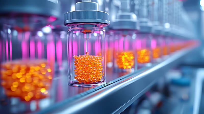A row of glass vials filled with bright orange spherical particles moves along a sterile automated conveyor belt in a high-tech laboratory setting under vibrant purple lighting showcasing precision